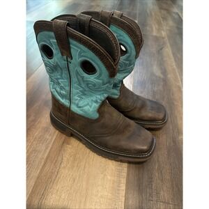 Rocky Cowboy Boots Kids Sz 5M US 37 EUR Brown Teal Leather Western Square Toe